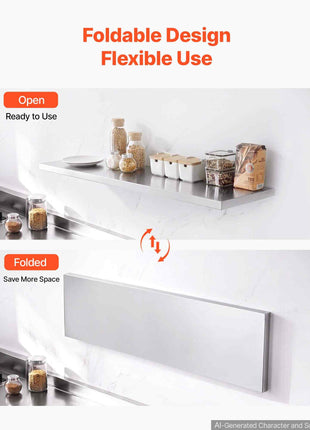 Stainless Steel Shelf 12" x 48" Foldable Wall Mount Floating Shelf, Heavy-Duty Commercial Shelves with Brackets, 300LBS Capacity, Easy to Clean, Suitable for Restaurant, Home Kitchen, Garage