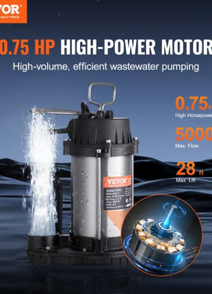 Submersible Sewage Pump, 0.75HP 5000 GPH, Cast Iron Sewage Water Pump with 28 ft Lift 10 ft Power Cord and Automatic Float Switch, Stainless Steel for Clean Flooded Basement Yard Farm Sewer