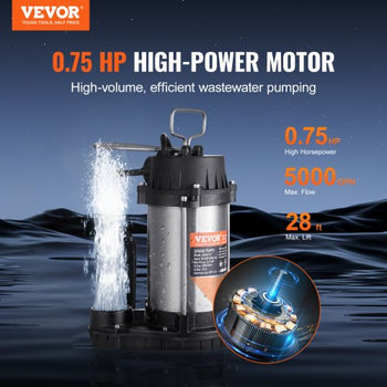 Submersible Sewage Pump, 0.75HP 5000 GPH, Cast Iron Sewage Water Pump with 28 ft Lift 10 ft Power Cord and Automatic Float Switch, Stainless Steel for Clean Flooded Basement Yard Farm Sewer
