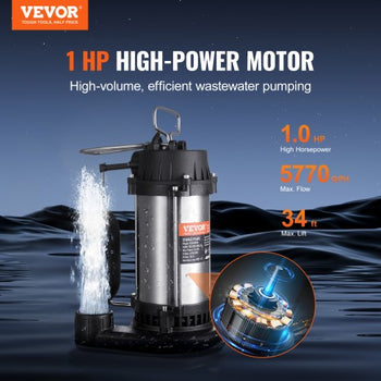 Submersible Sewage Pump, 1HP 5770GPH, Cast Iron Sewage Water Pump with 34 ft Lift 10 ft Power Cord and Automatic Float Switch, Stainless Steel for Clean Flooded Basement Yard Farm Sewer