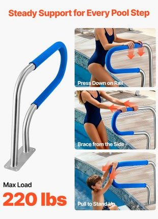 Pool Rail, 31 x 22 inch Pool Handrail, 220 lbs Load Capacity Heavy Duty 304 Stainless Steel Swimming Handrail, Detachable Nonslip Sleeve, Rich Accessories, for Poolside, Water Parks? Spa Centers
