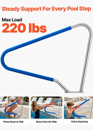 Pool Rail, 48 x 36 inch Pool Handrail, 220 lbs Load Capacity Heavy Duty 304 Stainless Steel Swimming Handrail, Detachable Nonslip Sleeve, Rich Accessories, for Poolside, Water Parks, Spa Centers