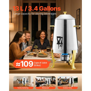 Stainless Steel Beverage Dispenser, 3.4 Gallon Drink Dispenser  with Alcohol Burner, Hot & Cold Drink Dispensers with Spigot for Coffee Tea Hot Water, Ideal for Restaurants, Hotels, Parties
