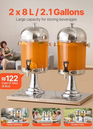 Beverage Dispenser, 2.1 Gallon x 2 Drink Dispenser for Parties, Stainless Steel + Plastic Juice Dispensers with Spigot Ice Chamber Tray, Iced Tea Lemonade Dispensers, for Restaurants, Hotels