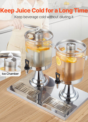 Beverage Dispenser, 2.1 Gallon x 2 Drink Dispenser for Parties, Stainless Steel + Plastic Juice Dispensers with Spigot Ice Chamber Tray, Iced Tea Lemonade Dispensers, for Restaurants, Hotels