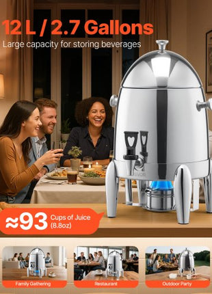 Stainless Steel Beverage Dispenser, 2.7 Gallon Drink Dispenser  with Alcohol Burner, Hot & Cold Drink Dispensers for Coffee Tea Hot Water, with Spigot Ice Tube, for Restaurants, Hotels, Parties