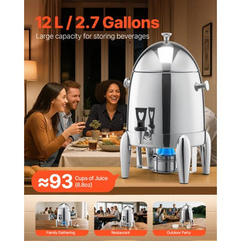 Stainless Steel Beverage Dispenser, 2.7 Gallon Drink Dispenser  with Alcohol Burner, Hot & Cold Drink Dispensers for Coffee Tea Hot Water, with Spigot Ice Tube, for Restaurants, Hotels, Parties