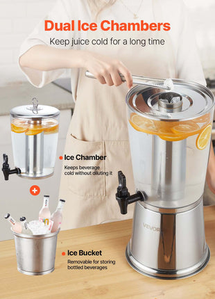 Beverage Dispenser, 2.1 Gallon Drink Dispenser for Parties, Stainless Steel + Plastic Juice Dispensers with Spigot Ice Chamber, Iced Tea Lemonade Juice Water Dispensers, for Restaurants, Hotels