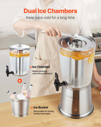 Beverage Dispenser, 2.1 Gallon Drink Dispenser for Parties, Stainless Steel + Plastic Juice Dispensers with Spigot Ice Chamber, Iced Tea Lemonade Juice Water Dispensers, for Restaurants, Hotels