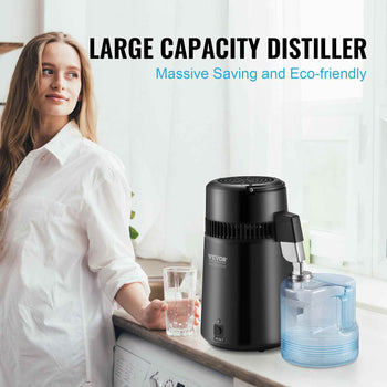 Black Vevor large capacity distiller with clear water container, eco-friendly design ideal for home use.