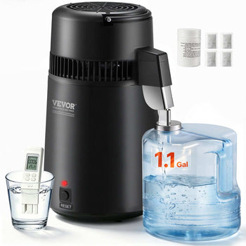 Black VEVOR water distiller with clear 1.1-gallon tank, includes thermometer and purification sachets.