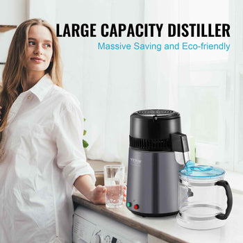 Large capacity stainless steel distiller in sleek black and silver with blue water container, eco-friendly and efficient.