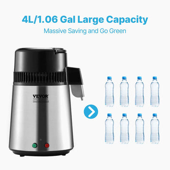 Stainless steel water distiller, 4L capacity, sleek black lid, eco-friendly design for efficient water purification.