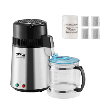 VEVOR stainless steel herbal extractor with blue lid, 500ml glass jar, and four reusable filter bags.