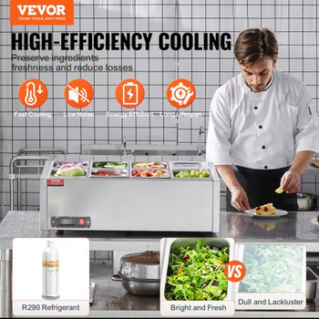 Refrigerated Condiment Prep Station, 140 W Countertop Refrigerated Condiment Station, with 8 1/6 Pans, 304 Stainless Body and PC Lid, Sandwich Prep Table with Stainless Steel Guard, ETL