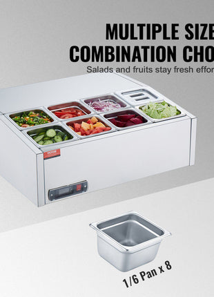 Refrigerated Condiment Prep Station, 140 W Countertop Refrigerated Condiment Station, with 8 1/6 Pans, 304 Stainless Body and PC Lid, Sandwich Prep Table with Stainless Steel Guard, ETL