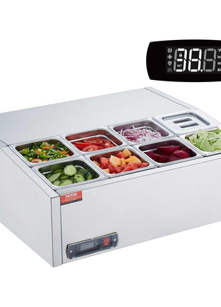 Refrigerated Condiment Prep Station, 140 W Countertop Refrigerated Condiment Station, with 8 1/6 Pans, 304 Stainless Body and PC Lid, Sandwich Prep Table with Stainless Steel Guard, ETL