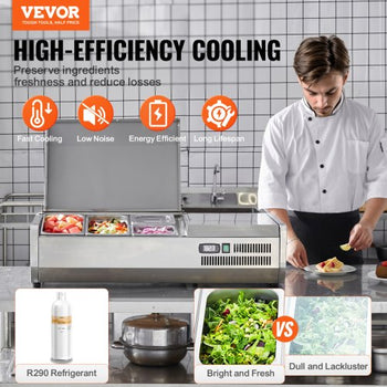 Refrigerated Condiment Prep Station, 130 W Countertop Refrigerated Condiment Station, with 1 1/3 Pan & 4 1/6 Pans, 304 Stainless Body and PC Lid, Sandwich Prep Table with Stainless Guard, ETL