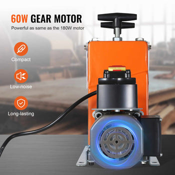 Orange 60W gear motor with a black casing, compact design, low-noise operation, ideal for various applications.