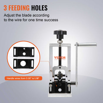 VEVOR wire stripping tool with adjustable blade, stainless steel, 3 feeding holes, handles wires from 0.06" to 1.18".