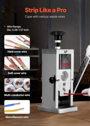 Hand-Operated Wire Stripper, 0.06''-1.5'' Cable Removal Tool, Drill Attachment Option, Clear Depth Gauge, Lightweight Aluminum Build for Efficient Copper Scrap Processing