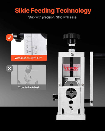 Aluminum wire stripping tool with slide feeding technology, adjustable for wire diameters 0.06"-1.5", compact design.