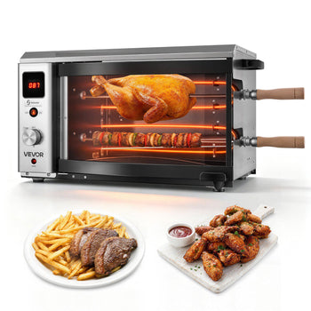 Countertop Vertical Oven Brazilian Flame 2 Auto Rotating Skewers, for Steak, Fish, Lamb Leg, 1800W Rotisserie Shawarma Machine, Electric Meat Kebab Grill, with Curved Glass Door, Drip Tray