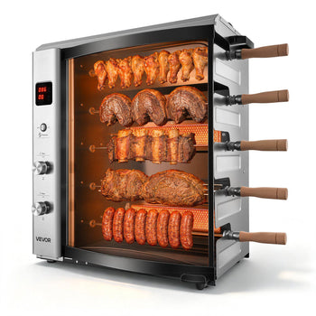 Countertop Vertical Oven Brazilian Flame 5 Auto Rotating Skewers, for Steak, Fish, Lamb Leg, Outdoor Gas Heating Rotisserie Shawarma Machine, Meat Kebab Grill, with Curved Glass Door