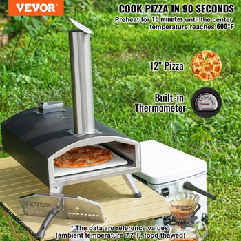 Portable Outdoor Oven, 12-inch Pizza Oven, Pellet & Chips & Charcoal Tri-Fuel, Iron Spray Pizza Grill, Includes Pizza Stone, Waterproof Cover, Shovel, Ideal for Camping & Backyard, Black