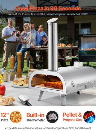 Dual Fuel Pizza Oven Outdoor, 12 Inch Wood Fire & Propane Gas Pizza Oven, Pellet & Propane Pizza-Maker with Thermometer, Stainless Steel Pizza-Cook for Outside Camping & Backyard