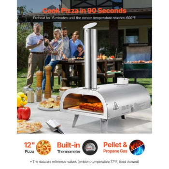 Dual Fuel Pizza Oven Outdoor, 12 Inch Wood Fire & Propane Gas Pizza Oven, Pellet & Propane Pizza-Maker with Thermometer, Stainless Steel Pizza-Cook for Outside Camping & Backyard