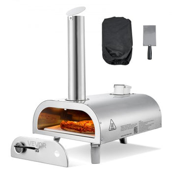 Pizza Oven Outdoor, 12" Pellet Pizza Oven, Portable Pizza-Stove with Built-in Thermometer, Wood Fired Stainless Steel Pizza-Maker, for Backyard, Camping, Pizza-Stone, Shovel, Carry Bag, Silver