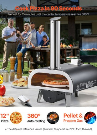 Dual Fuel Pizza Oven Outdoor, 12 in Wood Fire & Propane Gas Pizza Oven, Pellet & Propane Pizza-Maker with Thermometer, Iron Spray Electric Rotation Pizza-Cook for Outside Camping & Backyard