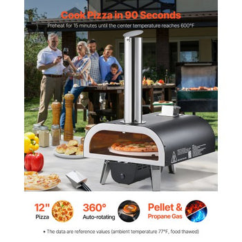 Dual Fuel Pizza Oven Outdoor, 12 in Wood Fire & Propane Gas Pizza Oven, Pellet & Propane Pizza-Maker with Thermometer, Iron Spray Electric Rotation Pizza-Cook for Outside Camping & Backyard