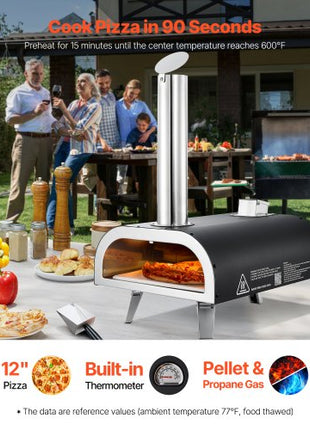 Dual Fuel Pizza Oven Outdoor, 12 in Wood Fire & Propane Gas Pizza Oven, Portable Pellet & Propane Pizza-Maker with Thermometer, Iron Spray Black Shell Pizza-Cook for Outside Camping & Backyard