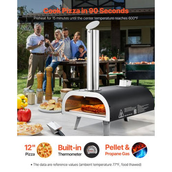 Dual Fuel Pizza Oven Outdoor, 12 in Wood Fire & Propane Gas Pizza Oven, Portable Pellet & Propane Pizza-Maker with Thermometer, Iron Spray Black Shell Pizza-Cook for Outside Camping & Backyard