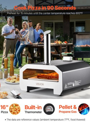 Dual Fuel Pizza Oven Outdoor, 16 in Wood Fire & Propane Gas Pizza Oven, Portable Pellet & Propane Pizza-Maker with Thermometer, Iron Spray Black Shell Pizza-Cook for Outside Camping & Backyard