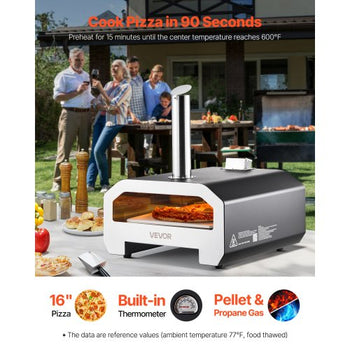 Dual Fuel Pizza Oven Outdoor, 16 in Wood Fire & Propane Gas Pizza Oven, Portable Pellet & Propane Pizza-Maker with Thermometer, Iron Spray Black Shell Pizza-Cook for Outside Camping & Backyard