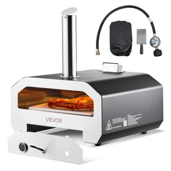 Dual Fuel Pizza Oven Outdoor, 16 in Wood Fire & Propane Gas Pizza Oven, Portable Pellet & Propane Pizza-Maker with Thermometer, Iron Spray Black Shell Pizza-Cook for Outside Camping & Backyard