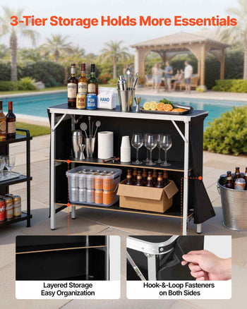Folding Portable Bar Table, 43.3 x 15.2 x 34.8 in, with Carry Bag, 2 Storage Shelves, and Detachable Skirt, Quick and Easy Setup, Foldable Mobile Bartending Station for Events, Party, Tradeshow