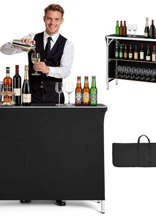 Folding Portable Bar Table, 43.3 x 15.2 x 34.8 in, with Carry Bag, 2 Storage Shelves, and Detachable Skirt, Quick and Easy Setup, Foldable Mobile Bartending Station for Events, Party, Tradeshow