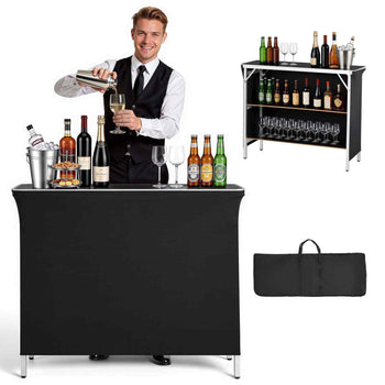 Folding Portable Bar Table, 43.3 x 15.2 x 34.8 in, with Carry Bag, 2 Storage Shelves, and Detachable Skirt, Quick and Easy Setup, Foldable Mobile Bartending Station for Events, Party, Tradeshow