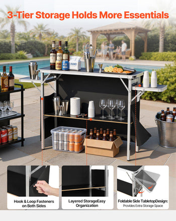 Folding Portable Bar Table, 43.3 x 15.4 x 34.6 in, with Carry Bag, Storage Shelf, and Detachable Skirt, Quick and Easy Setup, Foldable Mobile Bartending Station for Events, Party, Tradeshow