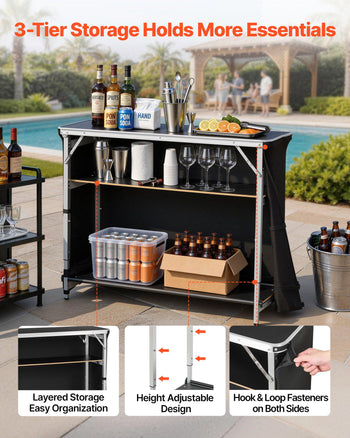Folding Portable Bar Table, 43.5 x 15.4 x 39.8 in, with Carry Bag, 2 Storage Shelves, and Detachable Skirt, Quick and Easy Setup, Foldable Mobile Bartending Station for Events, Party, Tradeshow