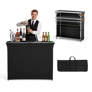 Folding Portable Bar Table, 43.5 x 15.4 x 39.8 in, with Carry Bag, 2 Storage Shelves, and Detachable Skirt, Quick and Easy Setup, Foldable Mobile Bartending Station for Events, Party, Tradeshow