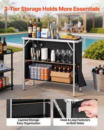 Folding Portable Bar Table, 38.6 x 15.2 x 34.3 in, with Carry Bag, Storage Shelf, and Detachable Skirt, Quick and Easy Setup, Foldable Mobile Bartending Station for Events, Party, Tradeshow