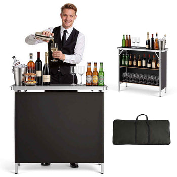 Folding Portable Bar Table, 38.6 x 15.2 x 34.3 in, with Carry Bag, Storage Shelf, and Detachable Skirt, Quick and Easy Setup, Foldable Mobile Bartending Station for Events, Party, Tradeshow