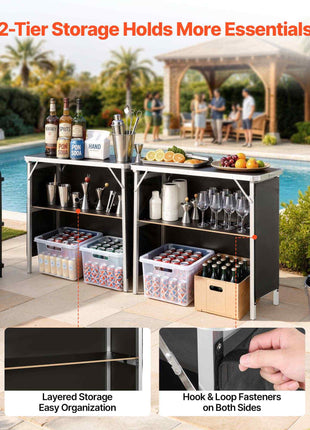 Folding Portable Bar Table, 2 pcs, 38.6 x 15.2 x 34.3 in, with Carry Bag, Storage Shelf, Detachable Skirt, Quick and Easy Setup, Foldable Mobile Bartending Station for Events, Party, Tradeshow