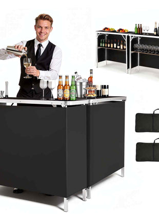 Folding Portable Bar Table, 2 pcs, 38.6 x 15.2 x 34.3 in, with Carry Bag, Storage Shelf, Detachable Skirt, Quick and Easy Setup, Foldable Mobile Bartending Station for Events, Party, Tradeshow
