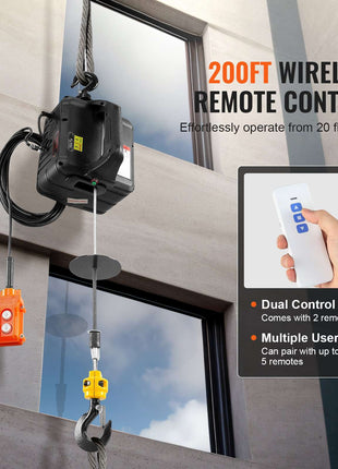 200ft wireless remote control hoist in black with orange and white remotes, ideal for multi-user operation.